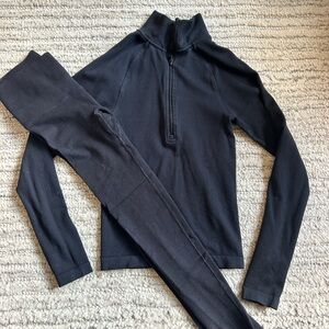 Women’s Black Ribbed Activewear Set. Leggings and Quarter Zip. Size Small